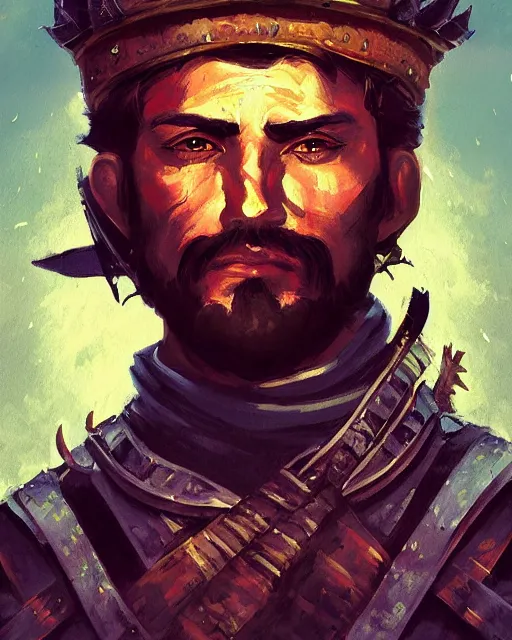 Prompt: digital illustration of a spanish conquistador in battle, art by anato finnstark and sangsoo jeong, treasure island movie color scheme, symmetric, facial features, portrait, handsome, digital painting, artstation