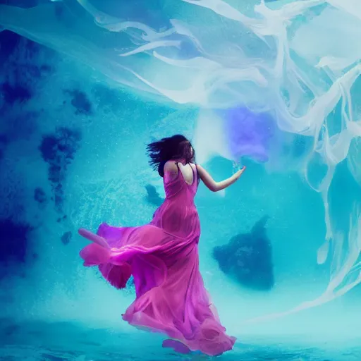 Image similar to woman dancing underwater wearing a flowing dress made of blue, magenta, and yellow seaweed, delicate coral sea bottom, swirling silver fish, swirling smoke shapes, octane render, caustics lighting from above, cinematic, hyperdetailed