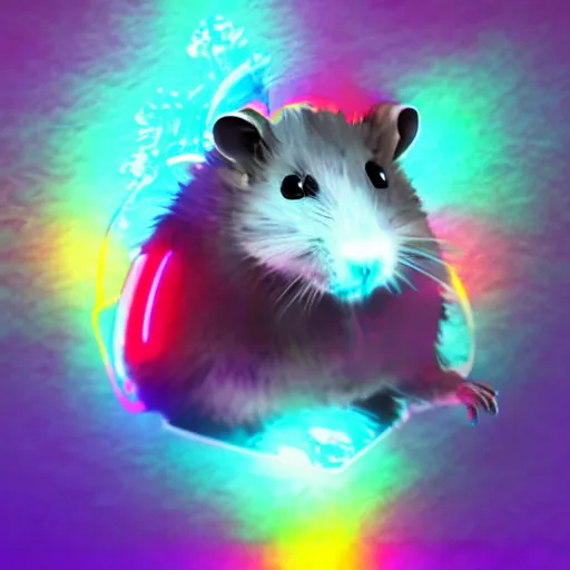 Image similar to cyberpunk hamster made of glowing neon lights holding a rainbow gem crystal, light reflection, 8 k, hd, logo