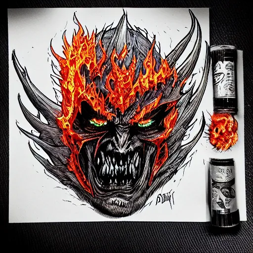 Image similar to character concept art diablo lord of terror engulfed in flames, detailed ink drawing by Dmitriy Tkach