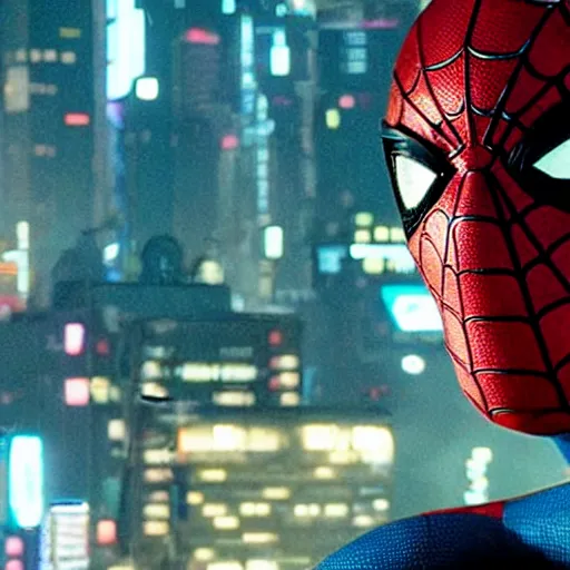 Image similar to a film portrait still of spider - man from a gritty cyberpunk 2 0 0 0 s james cameron movie about spider - man. realism, cinematic lighting, highly detailed spider - man, 4 k. 8 mm. grainy. panavision.