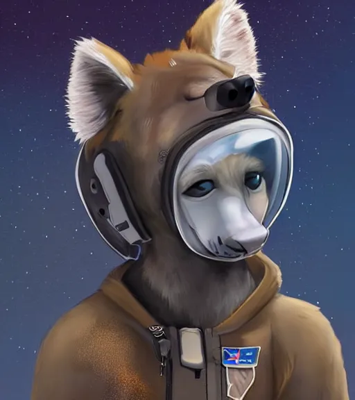 Image similar to full body digital artwork of furry female hyena, in style of zootopia, fursona, furry, furaffinity, deviantart, wearing astronaut outfit, floating in space, detailed face, style of artgerm,