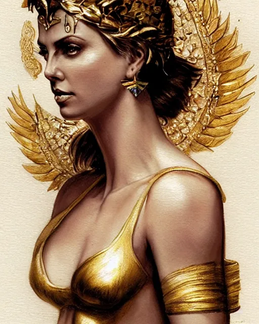 Image similar to tattoo sketch of charlize theron as aphrodite the greek goddess wearing a gold laurel wreath and triangle earrings, beautiful piercing gaze with sharp pupils, in the style of greg rutkowski, fantasy, amazing detail, epic, elegant, smooth, sharp focus, front view
