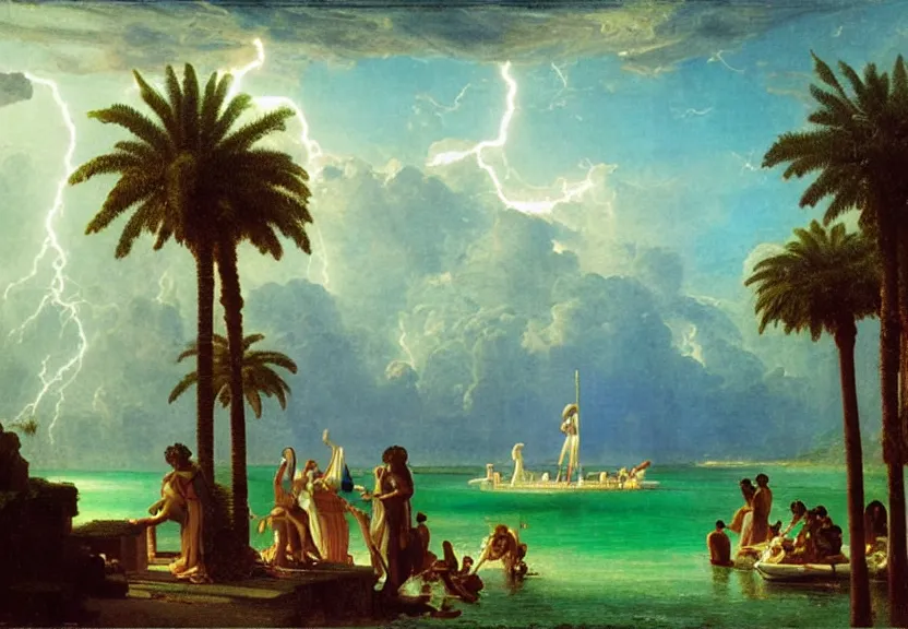 Image similar to Palace floating in heaven, 1km tall, thunderstorm, greek pool, beach and palm trees on the background major arcana sky, by paul delaroche, hyperrealistic 4k uhd, award-winning very detailed, heaven paradise