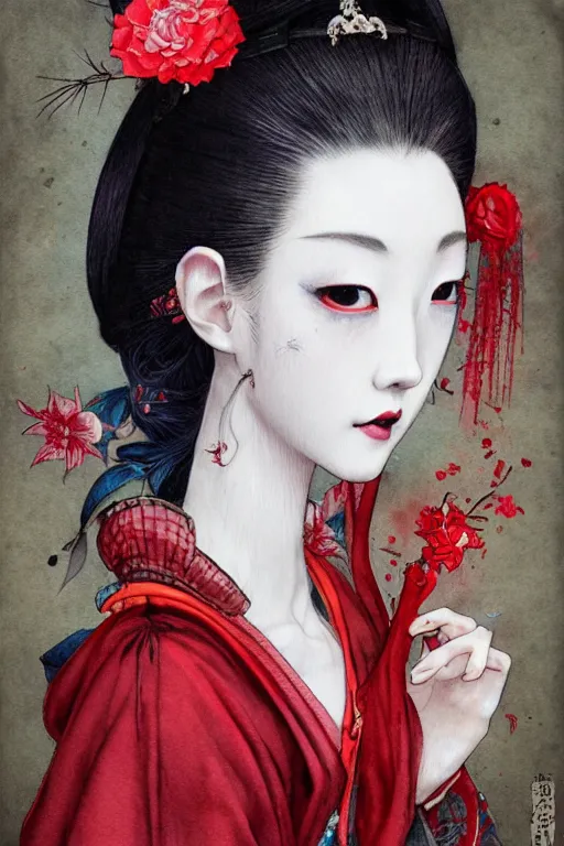 Prompt: watercolor painting of a japanese bjd geisha vampire queen with a long neck in a victorian lolita fashion red dress in the style of dark - fantasy painted by yoshitaka amano, tom bagshaw, ayami kojima, katsuhiro otomo, dmt art, symmetrical face portrait, intricate detail, artstation, artgerm, rococo!