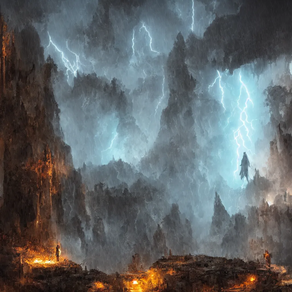 Image similar to a still of a cloaked figure standing in the ruins of crux prime, monastery, there is lightning, blue fiery maelstrom in the distance, it is raining, digital art, artstationhq