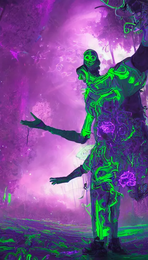 Image similar to a graffiti writer from the future on the middle of a purple forest looking to a sci fi ancient god holding a portal that's about to explode into a psychedelic realm, in the style of WLOP, oil painting, epic, fantasy, hyper detailed, smooth, Unreal Engine 5, sharp focus, ray tracing