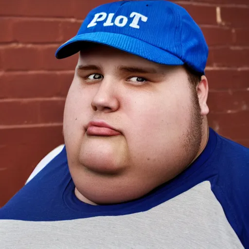 Prompt: crying hard obese man wearing a blue cap with a P on it