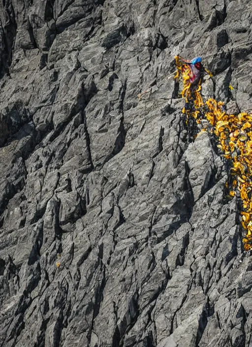 Image similar to telelens shot of a mountain climber free soloing a very steep mountain made up entirely out of french fries, sports photo,