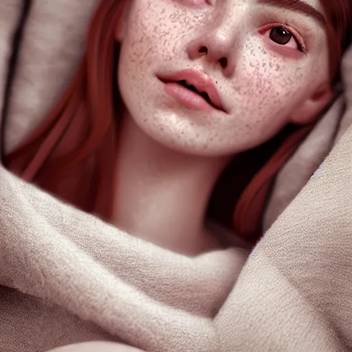 Image similar to portrait of a cute thin young woman, red blush, cute freckles wearing casual clothes, small smile, relaxing on a couch, cozy under a blanket, cozy living room, close up shot, 8 k, octane render, trending on artstation, art by artgerm and irakli nadar,, hyperrealism, hyperdetailed, ultra realistic