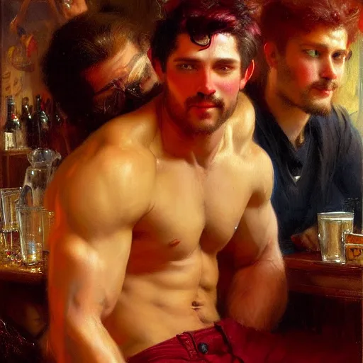 Image similar to attractive masculine mike, wearing pants, with dark red hair with attractive tyler with black hair, drinking their hearts out, in a pub, no shirt. very defined and highly detailed painting by gaston bussiere, j. c. leyendecker, craig mullins 8 k