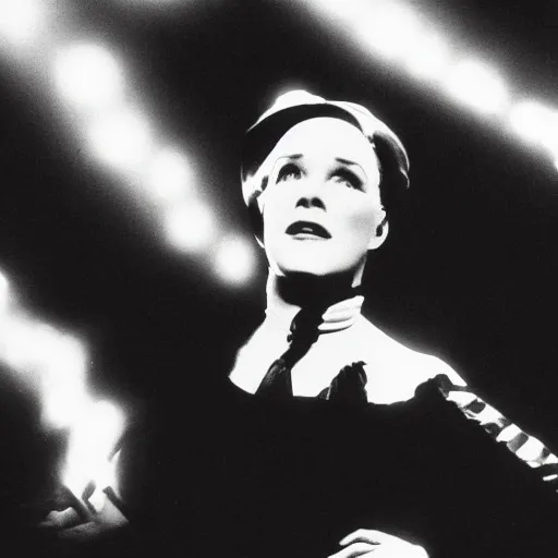 Prompt: julie andrews in all black, dancing alone on stage, dramatic lighting, very detailed photo