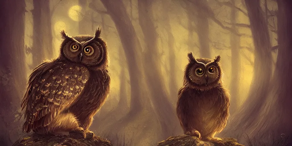 Image similar to an owl and bear hybrid, vintage disney, golden hour lighting, Gothic ,Fantasy style, serene, quiet, light, calm, subtle, peaceful, Photorealistic, Award Winning, Trending on ArtStation, Detailed