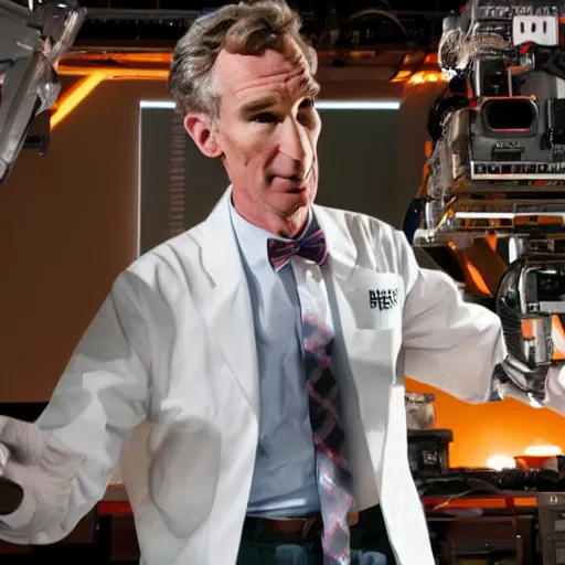 Image similar to wide shot. bill nye the science guy launching a nuclear bomb, looking enlightened, 4k, photography, detailed, detailed face, sharp, cinematic lighting