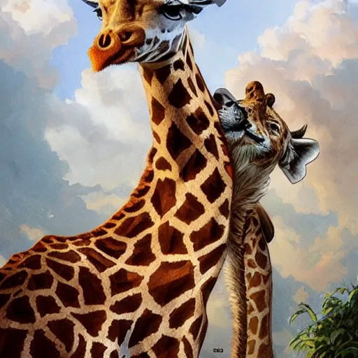 Image similar to Graffiti of giraffe eating tiger, intricate, highly detailed, digital painting, artstation, concept art, smooth, sharp focus, art by artgerm and greg rutkowski and alphonse mucha