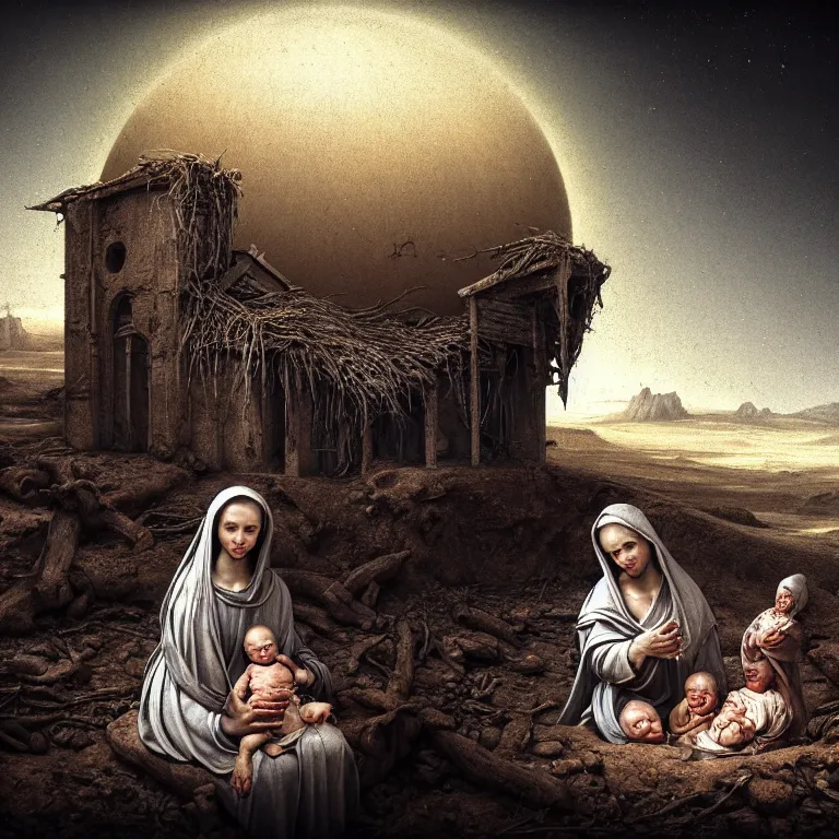 Image similar to ribbed abandoned closeup Nativity of Jesus scene face portrait on exoplanet, baroque painting, standing in a desolate empty wasteland, creepy, nightmare, dream-like heavy atmosphere, surreal abandoned buildings, beautiful detailed intricate insanely detailed octane render trending on Artstation, 8K artistic photography, photorealistic, chiaroscuro, Raphael, Caravaggio, Beksinski, Giger