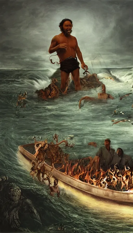 Prompt: man on boat crossing a body of water in hell with creatures in the water, sea of souls, by jason de graaf