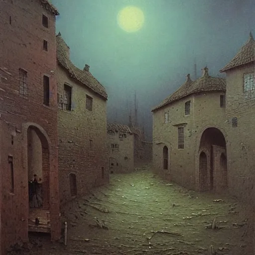 Image similar to an very high detaild oil painting of an old european medieval village painted by beksinski, eerie, midnight