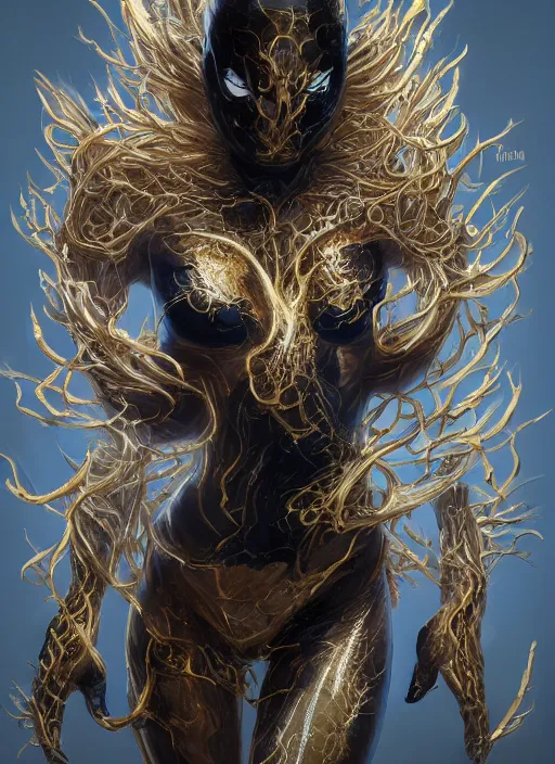 Image similar to female white and gold venom, naturel, hyper detailed, digital art, trending in artstation, cinematic lighting, studio quality, smooth render, unreal engine 5 rendered, octane rendered, art style by klimt and nixeu and ian sprigger and wlop and krenz cushart