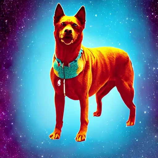 Image similar to a photograph of a huge turquoise colored dog in space