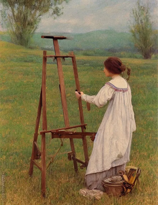 Prompt: peasant girl drawing a landscape on a canvans on an easel, cottage core, cinematic focus, polaroid photo bleached vintage pastel colors high - key lighting, soft lights, foggy, by steve hanks, by lisa yuskavage, by serov valentin, by tarkovsky, detailed, oil on canvas
