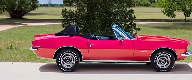 Prompt: Ermine White Chevrolet Camaro Z/28 Convertible (1967), red interior, soft top, created by Barclay Shaw