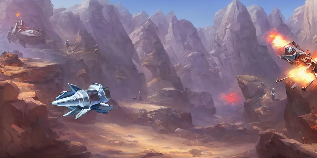 Prompt: marketing game illustration, a space craft run into the rocks canyon very fast in the style of Blizzard and Riot Games