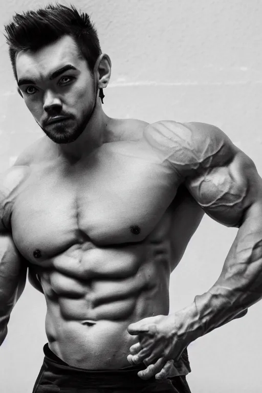 Prompt: Jacksepticeye is a jacked muscle builder gigachad, grayscale photography