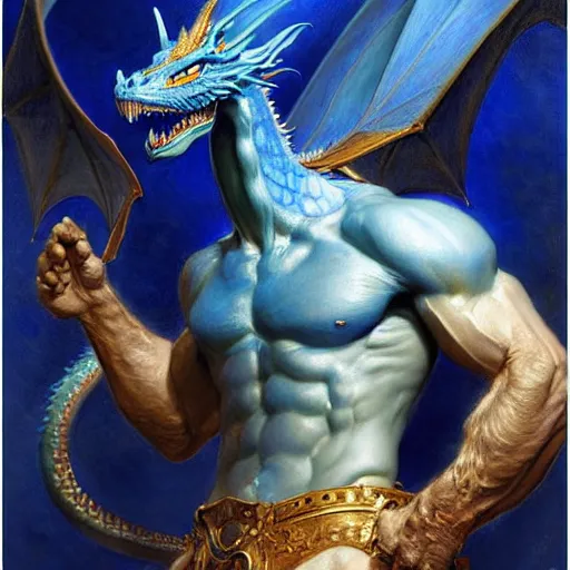 Image similar to a portrait of an anthromorphic blue dragon. highly detailed painting by gaston bussiere, craig mullins, j. c. leyendecker, furry