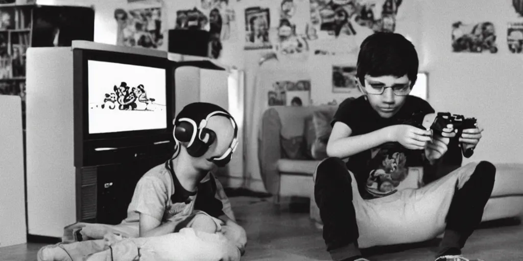 Image similar to boy playing video games in the 80s