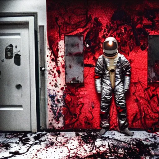 Image similar to lomo photo of reptilian in spacesuit staying in front of abandoned hospital, red splatters on the walls, dark, moody, foggy, gloomy