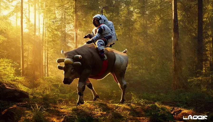 Image similar to american astronaut in the forest riding a bull, objects well lit, plants environment, wide angle, cinematic lighting, atmospheric, realistic, octane render, highly detailed, color graded, in the style of craig mullins