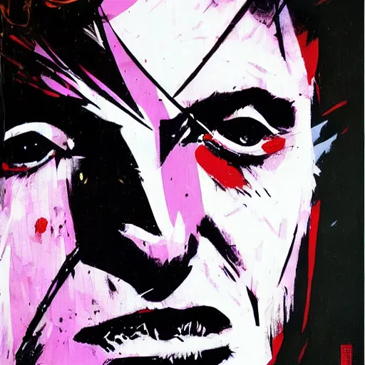 Prompt: David Bowie by Ashley Wood, Yoji Shinkawa, Jamie Hewlett, 60's French movie poster, French Impressionism, vivid colors, palette knife and brush strokes, Dutch tilt