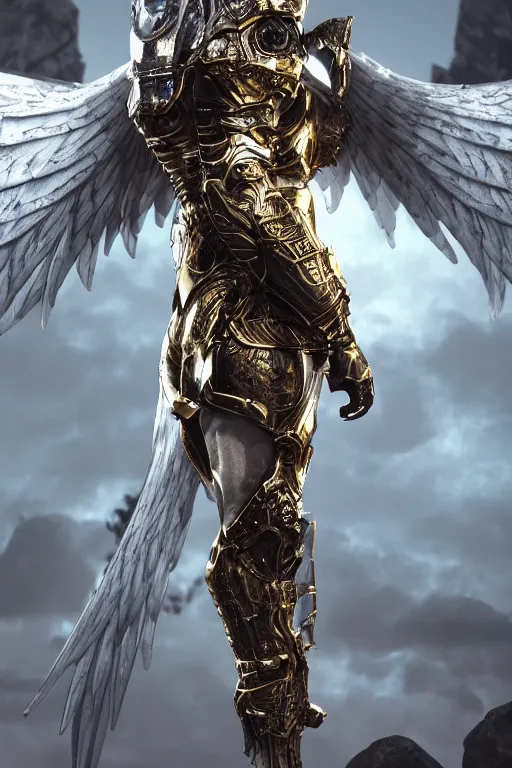 Image similar to a photo of 8k ultra realistic archangel, full body, diablo, intricate white and gold armor, sword, ornate, cinematic lighting, hyperrealistic, focused, high details, unreal engine 5, cinematic, Trending on artstation, artstationHD, artstationHQ, 4k, 8k