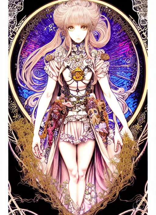 Image similar to legend of the cryptids highly detailed terada katsuya ayami kojima atrstation manga poster of princess mechine, anotherwanderer, rainbow gradient reflection, cute face by artgerm, art nouveau, long hair, armor, dress, laces, ruffles, 8 k, maximalist, golden ratio, alphonse mucha