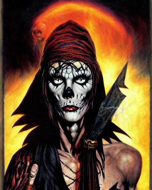 Image similar to portrait of a skinny punk goth sorcerer by simon bisley, john blance, frank frazetta, fantasy, barbarian