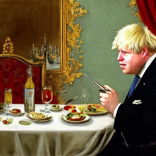 Prompt: painting of boris johnson eating a plate of money pound notes with a knife and fork, ornate feeling, chandelier, royal palace interior