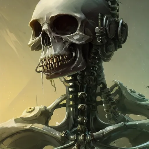 Image similar to portrait of a horrific cybernetic skeleton, cyberpunk concept art by pete mohrbacher and artgerm and wlop and greg rutkowski and deathburger, digital art, highly detailed, intricate, sci-fi, sharp focus, Trending on Artstation HQ, deviantart, unreal engine 5, 4K UHD image