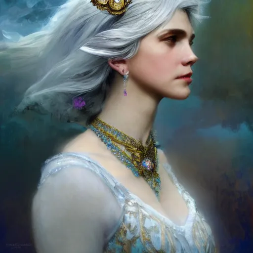 Image similar to a beautiful white haired young 🦍, adorned with precious stones, tiara and necklace by jeremy mann and alphonse mucha, photo realistic, dynamic lighting, windy, artstation, poster, dreamy, volumetric lighting, ethereal, 4 k, high detail