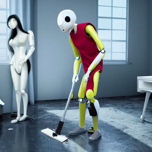 Prompt: robotic person cleans up a dirty room while humans watch from a window, realistic, 8 k, very detailed, cgi