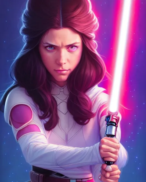 Image similar to pretty blue eyed brunette girl!! pink lightsaber! gorgeous, beautiful, jedi, fire emblem, art by artgerm and greg rutkowski and magali villeneuve, portrait, d & d, fantasy, highly detailed, digital painting, trending on artstation, concept art, sharp focus, illustration