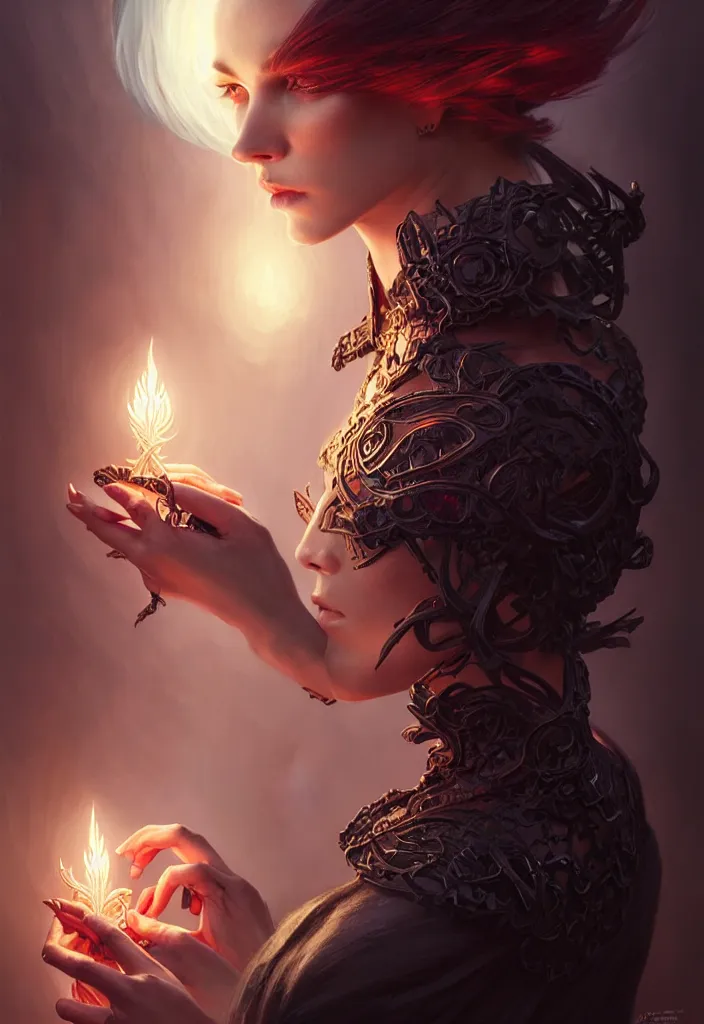 Image similar to Necromancer Sorceress, fantasy magic, undercut hairstyle, dark light night, intricate, elegant, sharp focus, illustration, highly detailed, digital painting, concept art, matte, art by WLOP and Artgerm and Greg Rutkowski and Alphonse Mucha, masterpiece