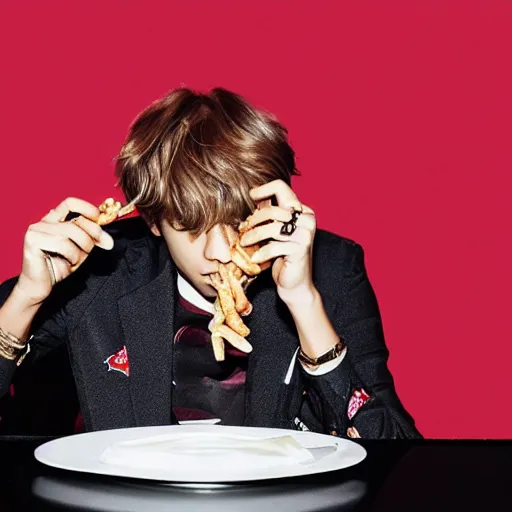 Prompt: taehyung eating gucci fries, 6 0 0 0 dollar fries fried by gucci