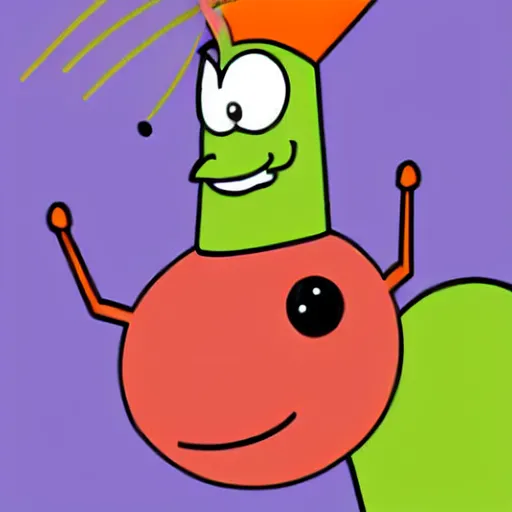 Prompt: light pink mosquito with a long pointy red nose, a green mohawk and green eyebrows wearing a yellow and orange striped t - shirt, cartoon