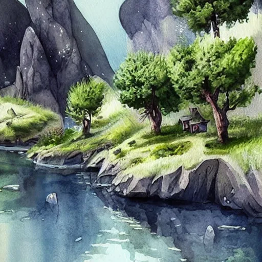 Image similar to beautiful happy picturesque charming sci - fi organic pod - like homes of the future in a beautiful natural scene. water, trees and rocks. beautiful light. soft colour scheme. beautiful artistic detailed watercolor by lurid. ( 2 0 2 2 )