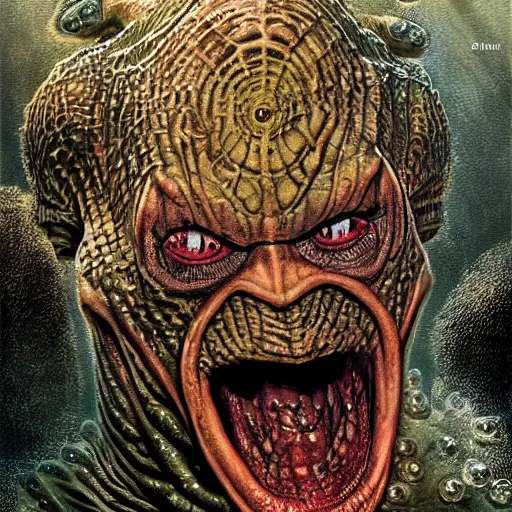 Image similar to highly detailed illustration of gill - man from creature of the black lagoon, hyper realistic, sci - fi horror art, colored, gerald brom