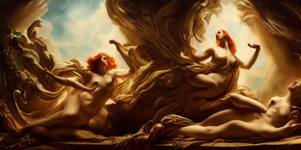 Image similar to greek mythology, by Rolf Armstrong and Evelyn De Morgan and Bastien Lecouffe-Deharme, dramatic lighting, high contrast colors, baroque, empyrean, panoramic view, as trending on Artstation, highly detailed, doom engine,