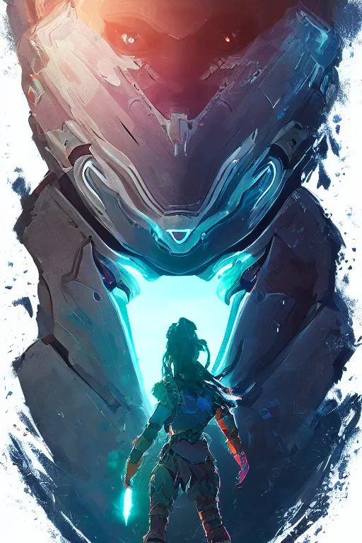 Image similar to combination suit armor aloy horizon forbidden west horizon zero dawn radiating a glowing aura global illumination ray tracing hdr fanart arstation by ian pesty and alena aenami artworks in 4 k tribal robot ninja mask helmet backpack