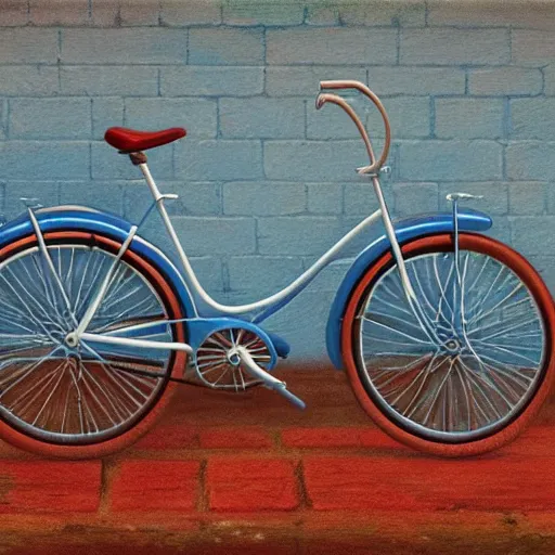 Image similar to a baby blue bike with a flower basket and white tires standing sideways next to a brick red wall, centered, matte painting, dusk, fashion, by rozalski and peter ilsted, artstation