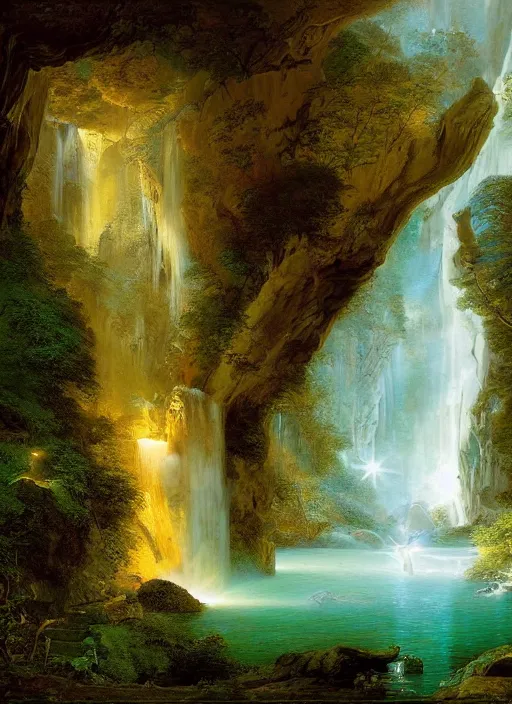 Image similar to a deep cave entrance, waterfalls, harmony of nature, infinite dawn, angelic light, sparkling dew, epic atmosphere, by asher brown durand, by yoshitaka amano